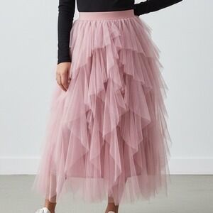 TABA Dusty Pink Tiered Tulle Ruffle Maxi Skirt M Balletcore Barbie fairy whimsy